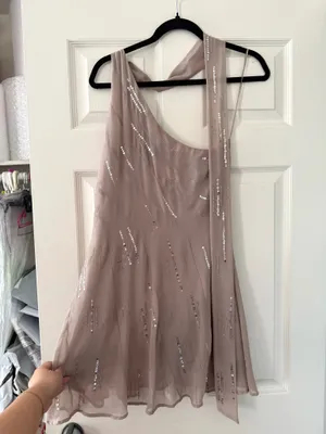 BNWT Zara Stone Grey Sequin Beaded Foulard Scarf Mini Dress thumbnail 11