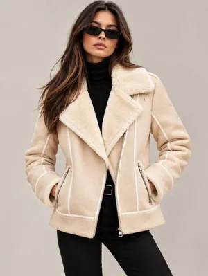 PrettyLittleThing Y2K 90s Faux Fur Shearling Aviator Jacket US4 Moto Biker thumbnail 1