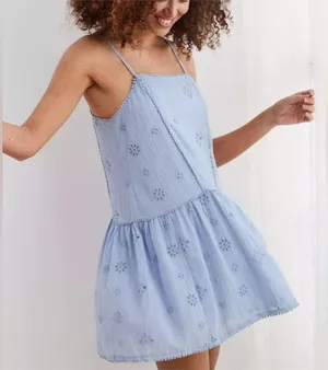 Aerie Eyelet Floral Mini Babydoll Cotton Dress Powder Blue size M thumbnail 1