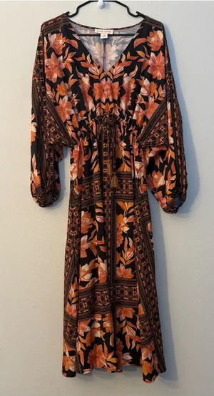 Flying Tomato Black Maxi Dress Kaftan with Rust Floral Print thumbnail 1