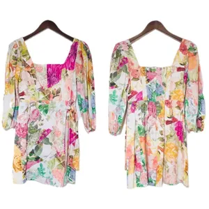VINCE CAMUTO Floral Print Mini Dress Size 2 Pink Green Cotton‎ Linen Tie Waist thumbnail 2