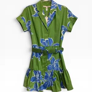 Hutch‎ Green Blue Floral Belted Mini Shirt Dress NWT XS Short Sleeve Ruffle Hem thumbnail 4