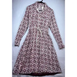 Womens Geometric Diamond Print Long Sleeve Button Down Midi Shirt Dress Burgundy thumbnail 2
