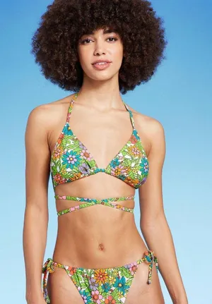 NWT Wild Fable Womens Triangle Wrap Bikini Top PID-PR2RKP S Floral Print Blue thumbnail 1