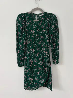 Reformation Juni Long Sleeve Emerald Green Floral Mini Dress Boho Cottage Core 2 thumbnail 2