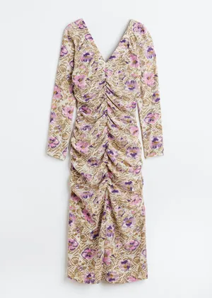 H&M Floral Ruched Midi Dress Bodycon Long Sleeve V Neck Boho Romantic Size XS thumbnail 3