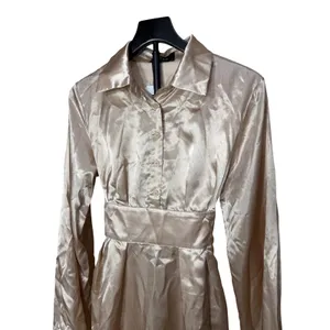 Cider Women Champagne Beige Satin Long Flared Sleeve Shirt Mini‎ Dress Size S thumbnail 2