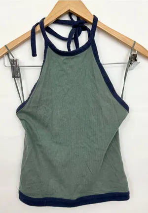 American Eagle high neck halter crop top olive green navy blue tie XS thumbnail 1