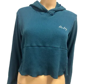 Hurley Ribbed Turquoise Long Sleeve Hooded Cropped Shirt Kangaroo Pocket Medium thumbnail 1