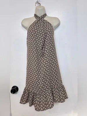 EMERY ROSE Size S Halter Mini Dress Beige Black Geometric Print Ruffle Hem thumbnail 2
