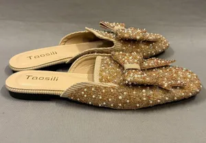 Toosili Footwear Women's Glittering Gold Bow Mules 8.5 pearls beads sparkle thumbnail 1