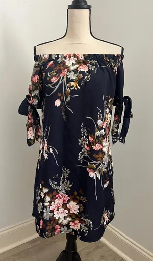 Navy Blue Floral Off the Shoulder Mini Dress Small Tie Sleeve Boho‎ Chic Summer thumbnail 2