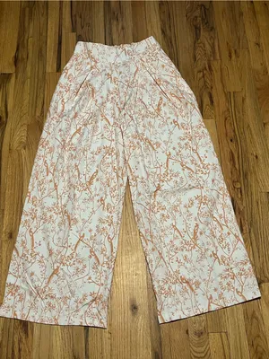 Wide Leg Bird Floral Pants Size M polyeste High Rise Pleated Cream Peach Pockets thumbnail 2