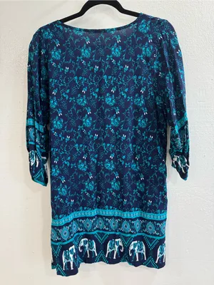 Blossom by P Blue Boho Floral Tunic Top Elephant Border Tassel Tie Size Medium M thumbnail 3