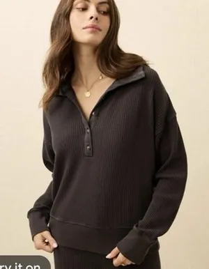 Faherty Womens Apres Organic Cotton Waffle Knit Henley Top Dark Gray Size Large thumbnail 1