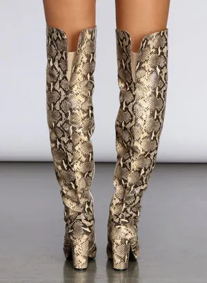 Thigh High Snakeskin Print Boots Women’s Size 6.5 EUC block heel almond toe thumbnail 4