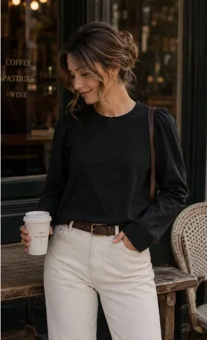 J. Crew Puff Sleeve Crewneck T-Shirt Long Sleeve Black Size M Minimalist Casual thumbnail 1