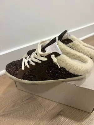 Golden Goose Super-Star Sabots in glitter with brown star and shearling lining thumbnail 7