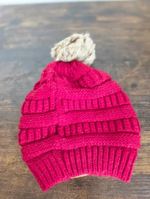 Crush Berry Red Stretchy Knit Beanie Hat Pom Pom Winter Cozy Warm thumbnail 5