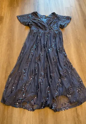 Pinup Fashion Blue Sequin Mesh Maxi Dress Plus Size 18W Flutter Sleeve V-Neck thumbnail 1