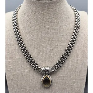 Choker Collar Pendant Necklace Silver Tone Double Box Chain Smokey Teardrop 16" thumbnail 5