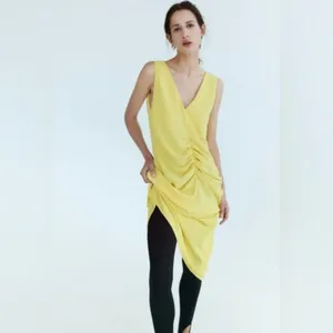 NWOT Zara Center Ruched Detail V-Neck Wide Straps Yellow Midi Dress Small thumbnail 5