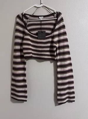 NWT Le Lis Striped Ribbed Knit Top in Brown, Cream & Mauve thumbnail 1