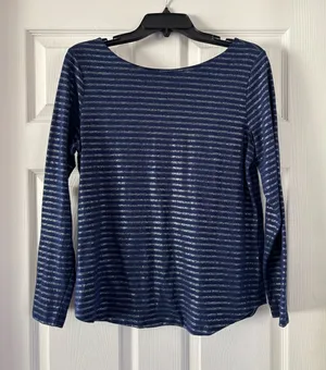 St. John's Bay Blue and Silver Striped Long Sleeve Top thumbnail 1