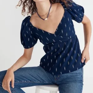 Madewell Sz M Jacquard Navy Puff Short Sleeve Cropped Top Blouse V Neck Pullover thumbnail 1