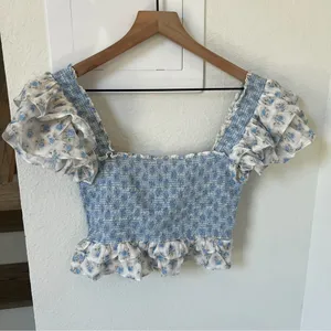 NWT LOVESHACKFANCY Wrennly Top in Powder Blue and White thumbnail 4