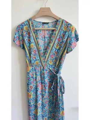 Prettygarden Floral Wrap Maxi Dress Blue Boho V Neck Short Sleeve Size S thumbnail 4