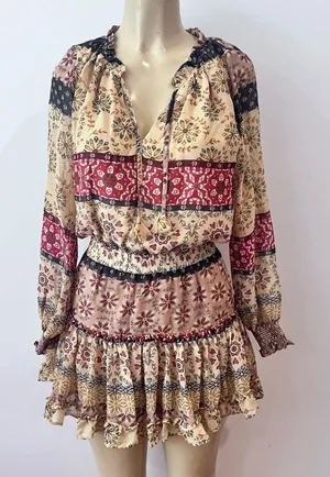 Sky To Moon Chiffon Mini Dress Sz S Long Sleeves Blouson Fit Flare thumbnail 1