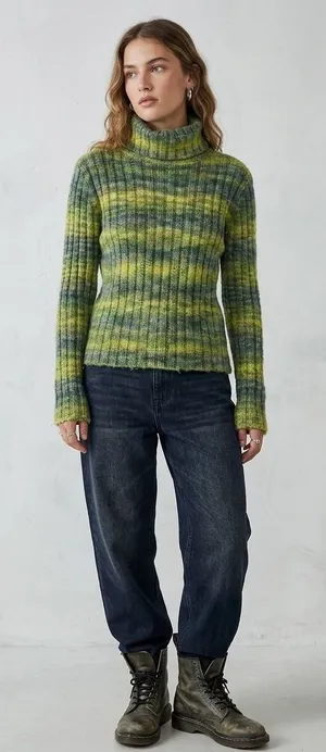 DKNY Jeans Women Green Space Dye Ribbed Turtleneck Sweater Y2K Wool Blend Medium thumbnail 1