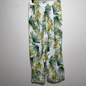 Sigrid Olsen Women‎ Linen Pants Large White Green Tropical Palm Leaf Wide Leg thumbnail 4