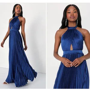 LULU's Prom Wedding Bridesmaid Pleated Satin Open Back Halter Maxi Dress thumbnail 4