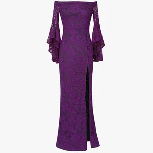 Purple Lace Off Shoulder Ruffle‎ Bell Sleeve Formal Dress Sz XS thumbnail 2
