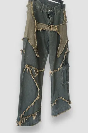 Romwe Punk Star Pattern Raw Trim Flap Pocket Cargo Boyfriend Jeans Denim Small thumbnail 4