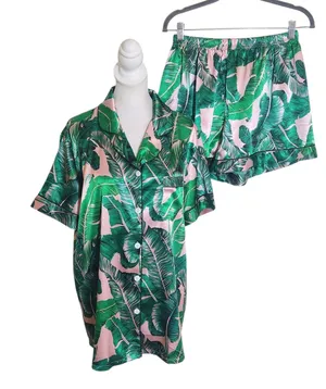 Green and Pink Tropical Palm Print Satin Pajama Set Size Large thumbnail 1