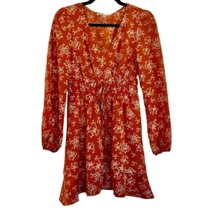 Bebop orange floral vneck ruffle skirt dress size small thumbnail 2