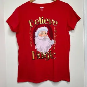 Believe in Magic Santa Christmas Red T Shirt Size XL but measures like a Large thumbnail 1