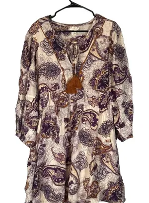 Band of The Free White & Purple Paisley Floral Boho Peasant Dress Women Sz L thumbnail 1