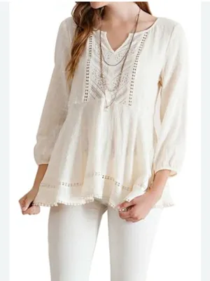 entro Cream Embroidered Peasant Tunic Top thumbnail 1