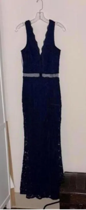 FLAW Juniors Maniju Navy Lace Evening Gown Mermaid High Slit Peekaboo Cut Out thumbnail 1