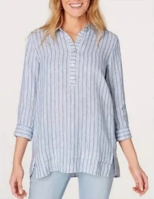J. Jill Love Linen Tunic Women XL Blue White Striped Henley 100% Linen Excellent thumbnail 1