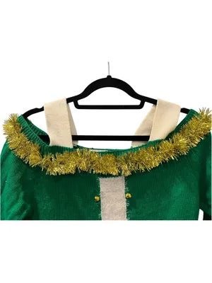 Elf Ugly Christmas Sweater Dress Cold Shoulder Green White Tinsel Trim Small thumbnail 4