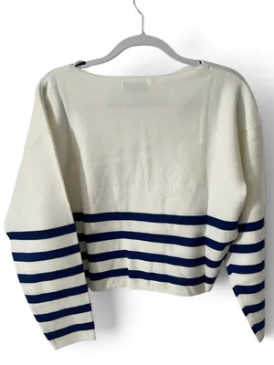 Zenana Longsleeve Cream and Navy Striped Boatneck Sweater thumbnail 3