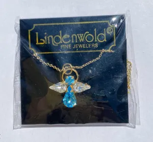 🩵 Vintage 1990s Lindenwold 14K Gold Electroplated Angel Aqua Rhinestone Crystal Necklace 🩵 thumbnail 1