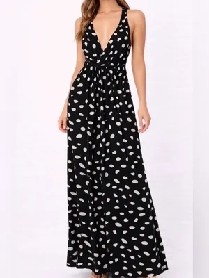 GB Black & White Polka Dot Maxi women’s size XS Dress Deep V Open Back(E47)✨ thumbnail 2
