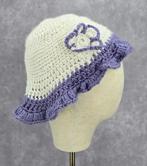 Vintage Y2K‎ Crochet Festival Kawaii Purple White Knit Beanie Floral Funky Hat thumbnail 1