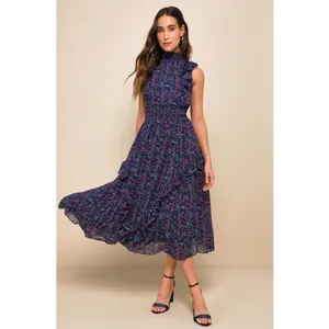 Lulus Evalina Navy Blue Floral Print Mock Neck Sleeveless Ruffle Midi Dress thumbnail 3